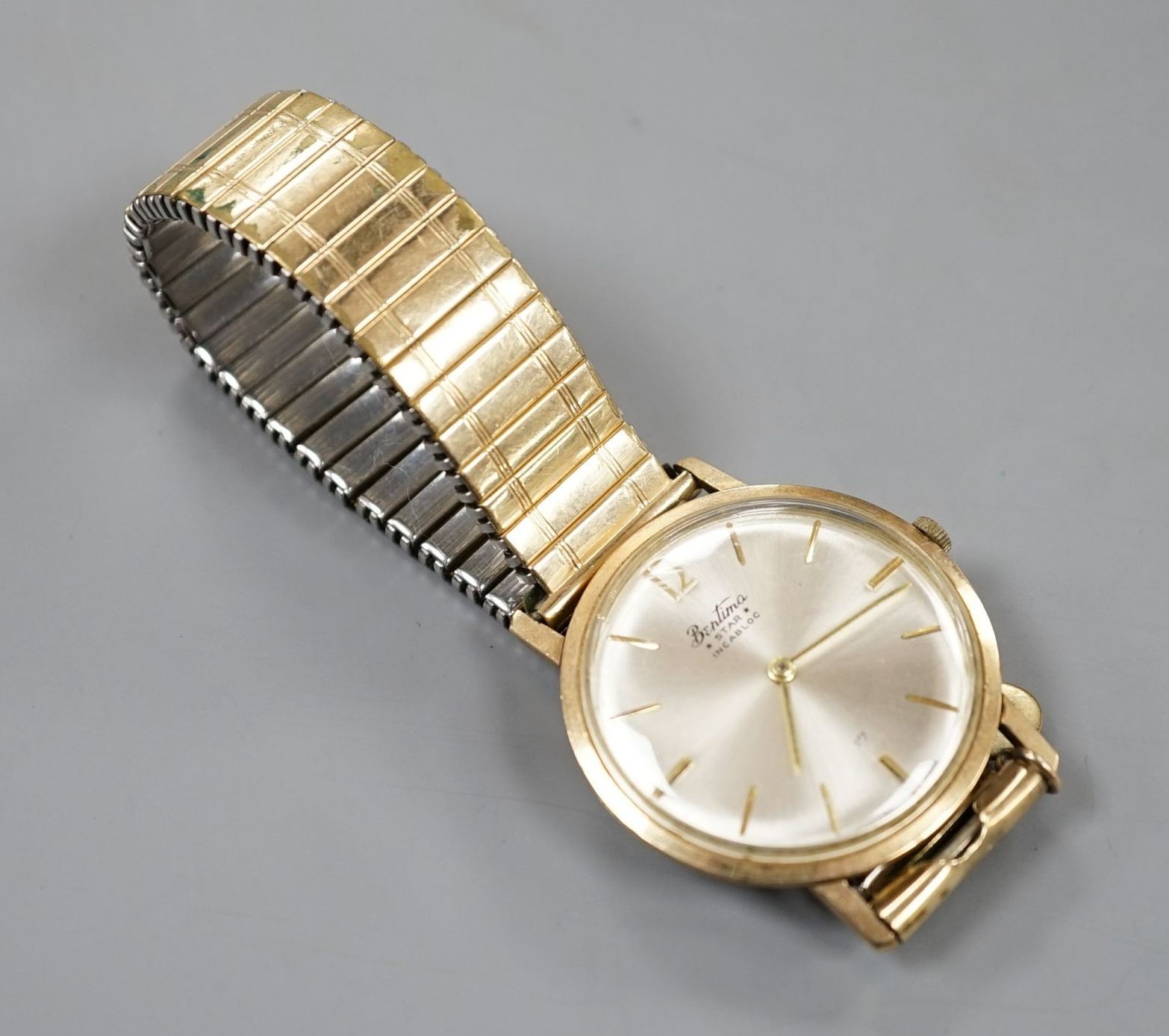 A gentleman's 375 Bentima manual wind wrist watch, on associated steel and gold plated expanding bracelet.